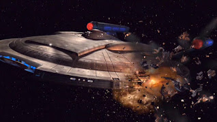 From Star Trek, the starship enterprise partially blown up.
