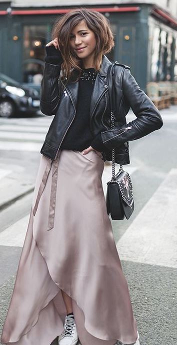 fashion trends | silk maxi skirt + black jacket + bag + top