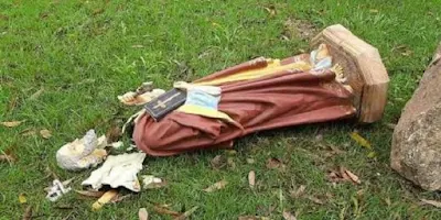 imagem de São Pedro destruído após ato de vandalismo