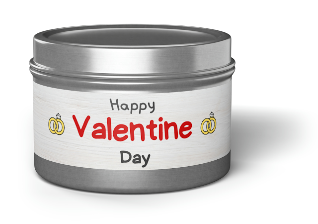 Tin Candle With Happy Valentines Day in Black and Red, Diamond Rings, and Silver Background