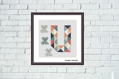 Letter U and cute koala nursery cross stitch pattern, Tango Stitch