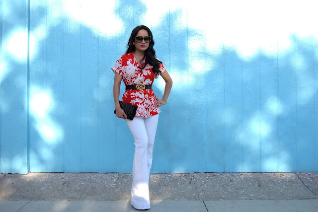 Joanna Joy A Stylish Love Story fashion blog Hawaiian Shirt Red and White Shirt White Jbrand Denim Gucci Bamboo Glasses Gucci Red Suede Platforms petite fashion blogger California fashion blogger white jeans beaded black and gold evening bag blue wall