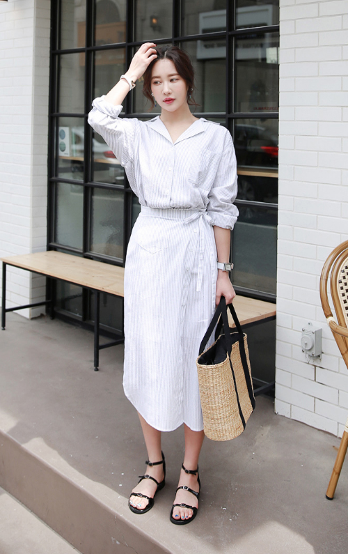 Striped Notched Collar Shirt And Wrap Skirt (Set)