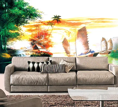 Có thể đặt bộ Sofa trước bức tranh Sơn Thủy Phòng Khách để tạo không gian thoáng và màu sắc