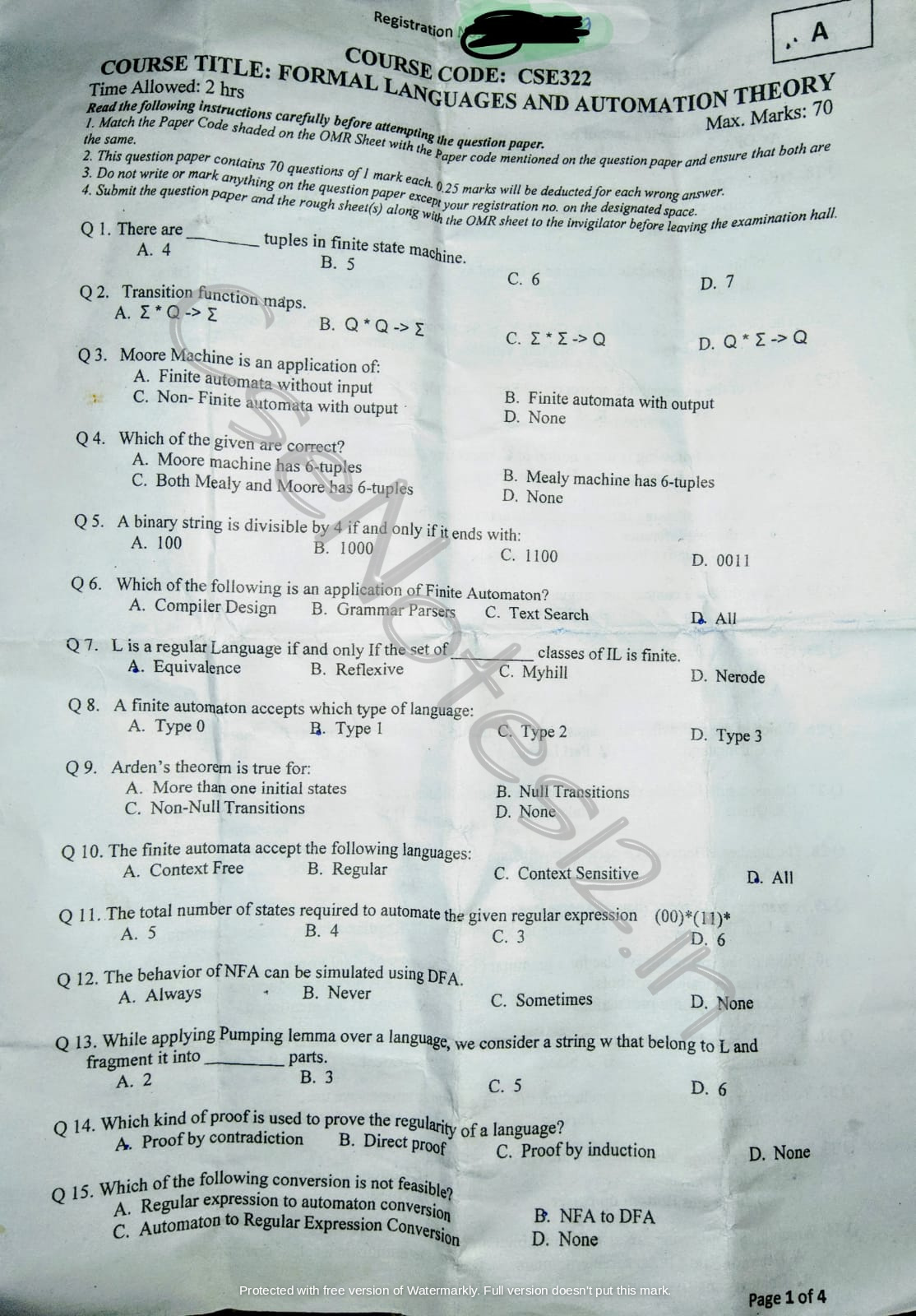 CSE 322 ETE End Term Paper Autoamta Formal Languages and ...