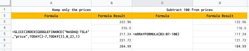 Use the ARRAYFORMULA function to subtract the reference price from an array of prices