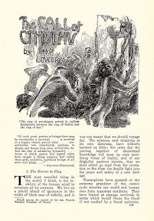 Title page of H. P. Lovecraft's "The Call of Cthulhu" as it appeared in Weird Tales, February 1928. Illustration by Hugh Rankin.