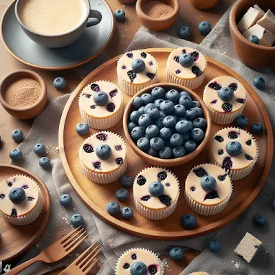 Auf dem Bild ist eine Tortenplatte mit veganen Blaubeer-Tofu-Cheesecake Muffins zu sehen. Daneben steht noch eine Tasse Filterkaffee und zwischen den Muffins sind viele frische Blaumbeeren.