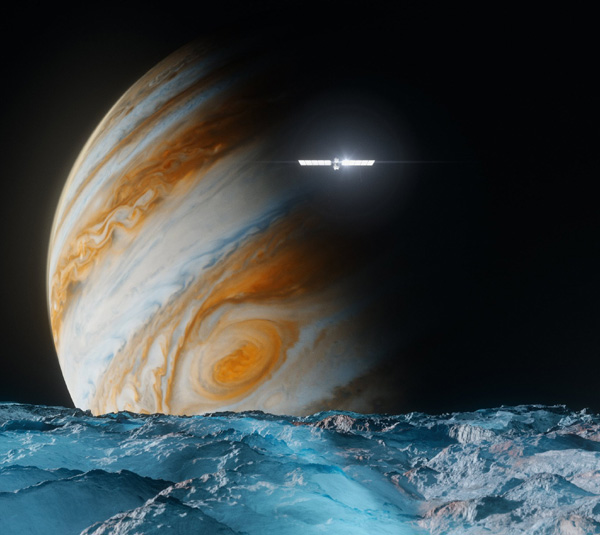 An artist's concept of NASA's Europa Clipper spacecraft flying high above Jupiter's icy moon Europa.