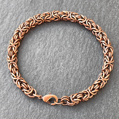 Handmade chain maille copper Byzantine weave bracelet with patina by Laura Sparling