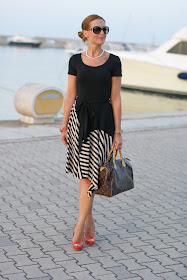 Donna Karan New York dress, Louis Vuitton Speedy 30 monogram, asymmetrical striped dress, Fashion and Cookies