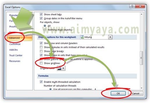 Gambar:Cara menyembunyikan/menghilangkan gridlines microsoft excel