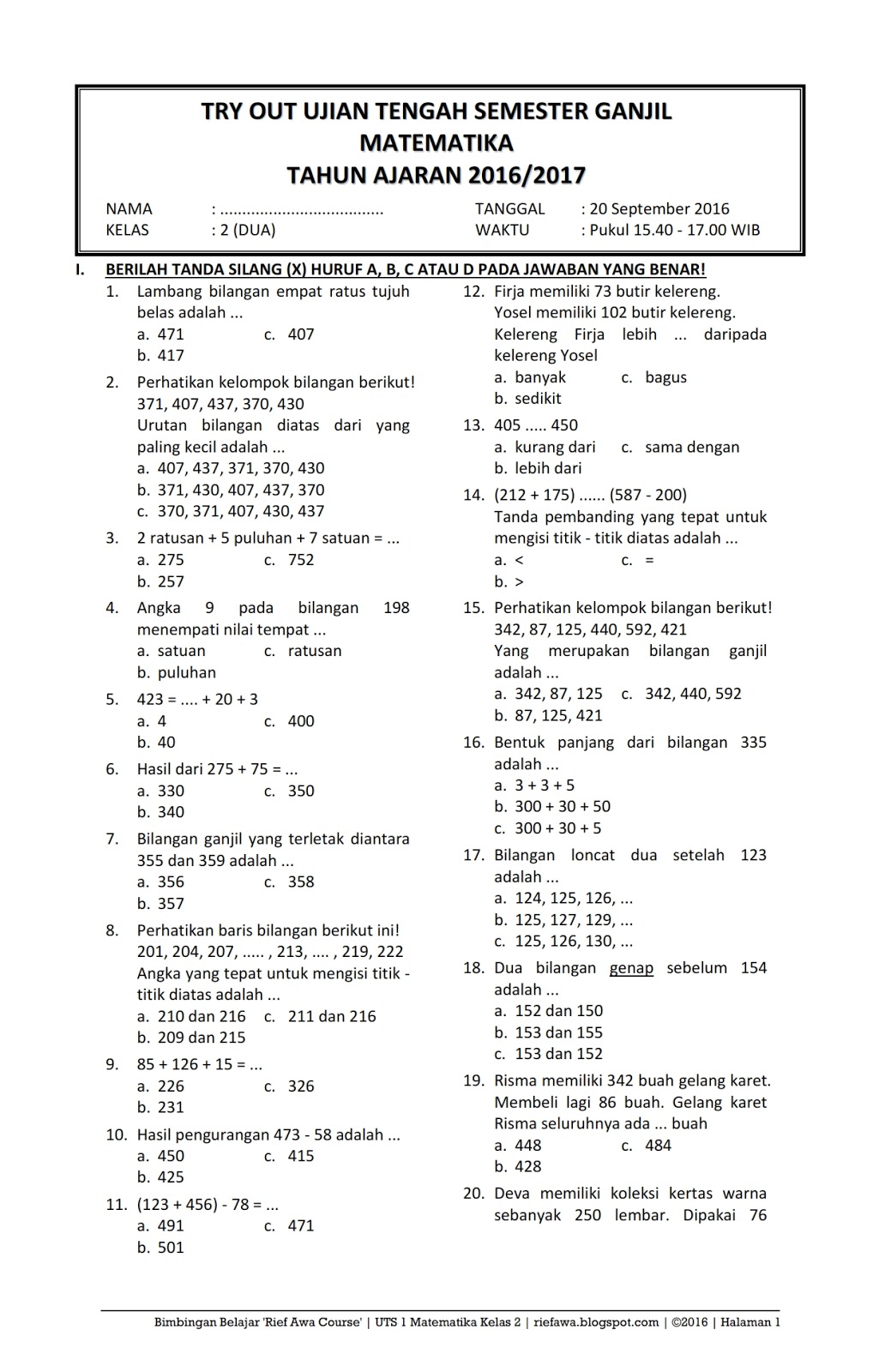 Download Soal UTS Ganjil Matematika Kelas 2 Semester 1 2016/2017 ~ Rief Awa Blog : Download 