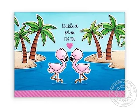 Sunny Studio Blog: Tickled Pink For You Palm Trees Island Themed Card (using Fabulous Flamingos, Tropical Scenes & Sending Sunshine Stamps and Striped Silly Paper)