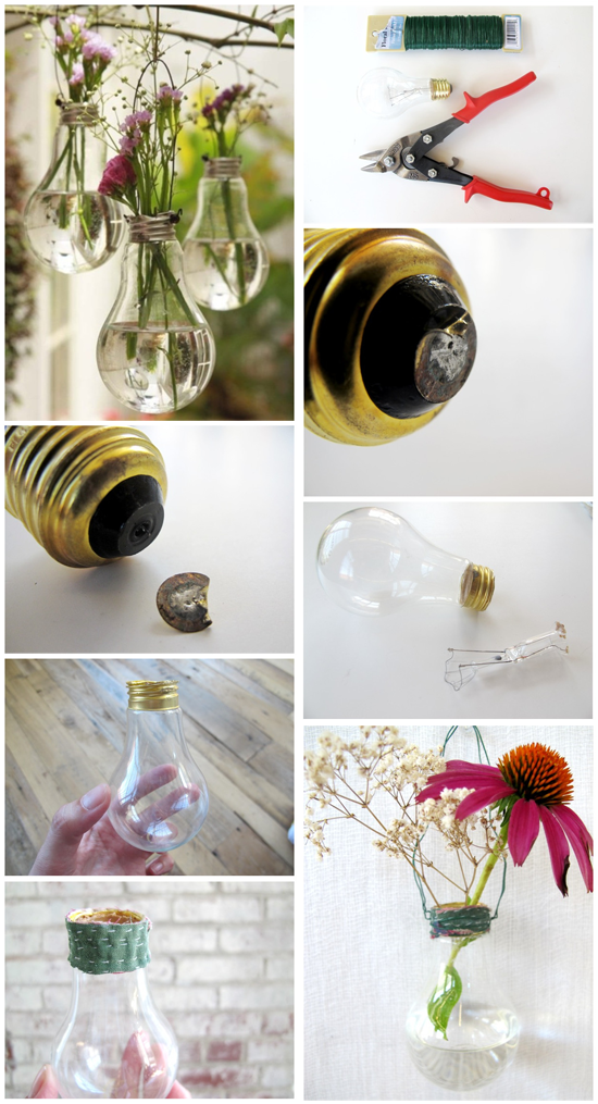 Re-use broken glass bulbs to make sweet little vases!