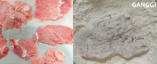 잘-펴진-돼지고기-등심에-밀가루를-묻힌-사진