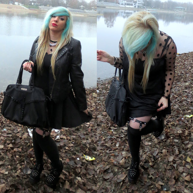 nu goth, emo girl, blue hair, wedge creepers, heart garter