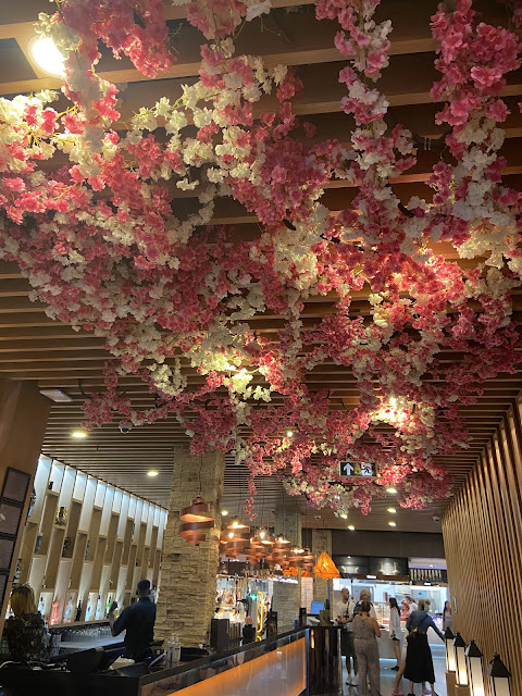 restaurant with pink flower decorations