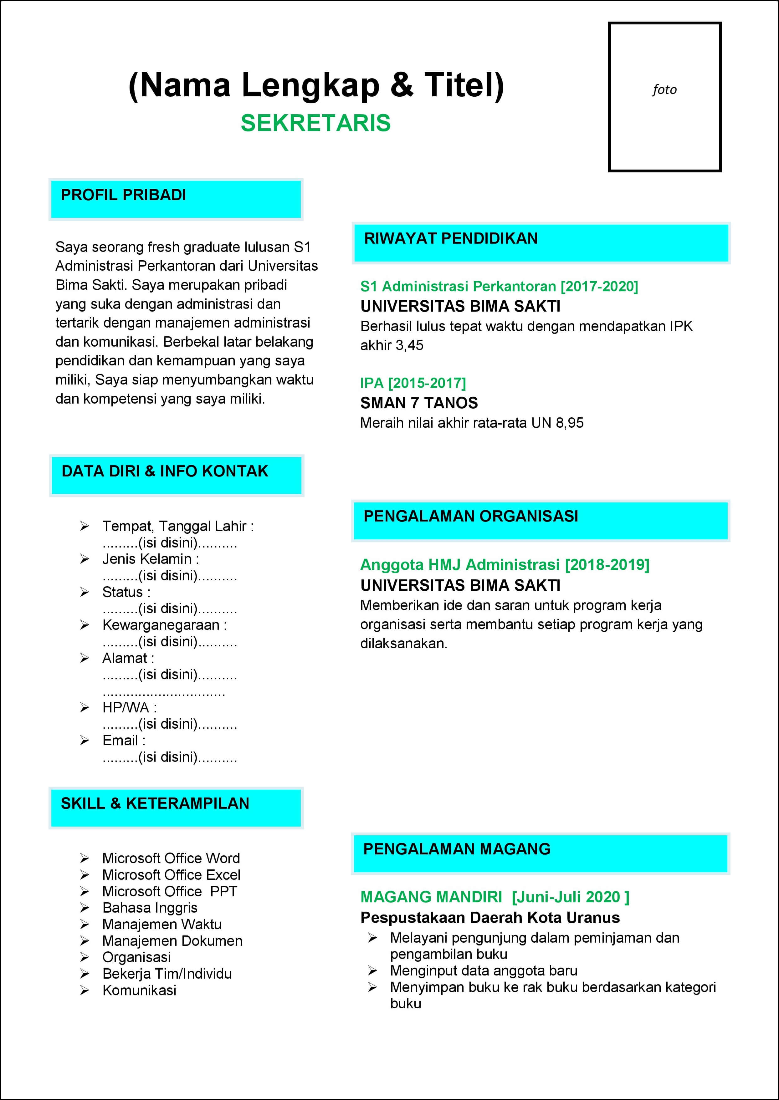 contoh 2 daftar riwayat hidup sekretaris yang baru pertama kali melamar pekerjaan