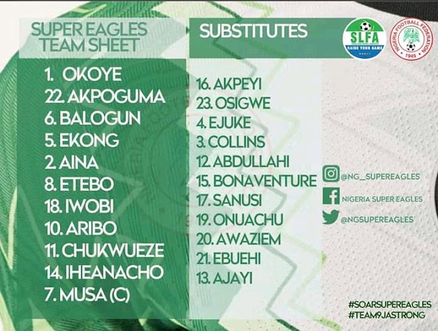 Super Eagles Official Lineup vs Sierra Leone