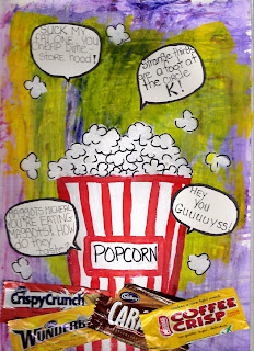 Painting of Popcorn with movie quotes and chocolate bar wrappers