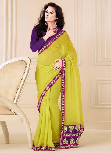 Light Yellow And Violet Faux Georgette Designer Saree