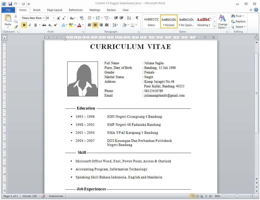 contoh cv bahasa inggris
