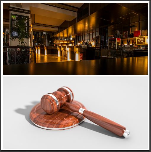 Collage of two photos: photo 1: a restaurant dining room; photo 2: a judge's gavel