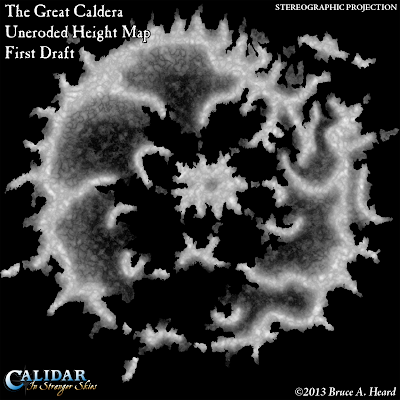 Great Caldera, Calidar, uneroded height map, Stereographic Projection