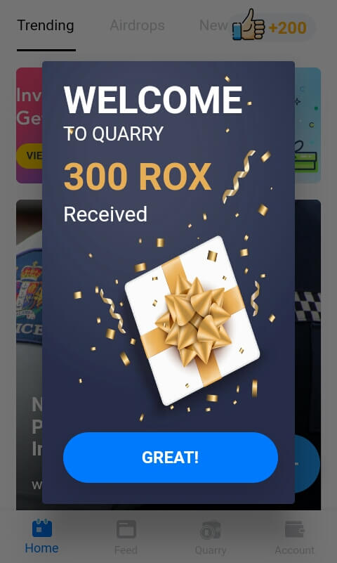 Sampai disini Anda telah berhasil masuk ke aplikasi Quarry dan memperoleh 300 ROX secara gratis.
