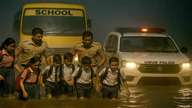 A photograph showing police personnel pulling students out of the water.