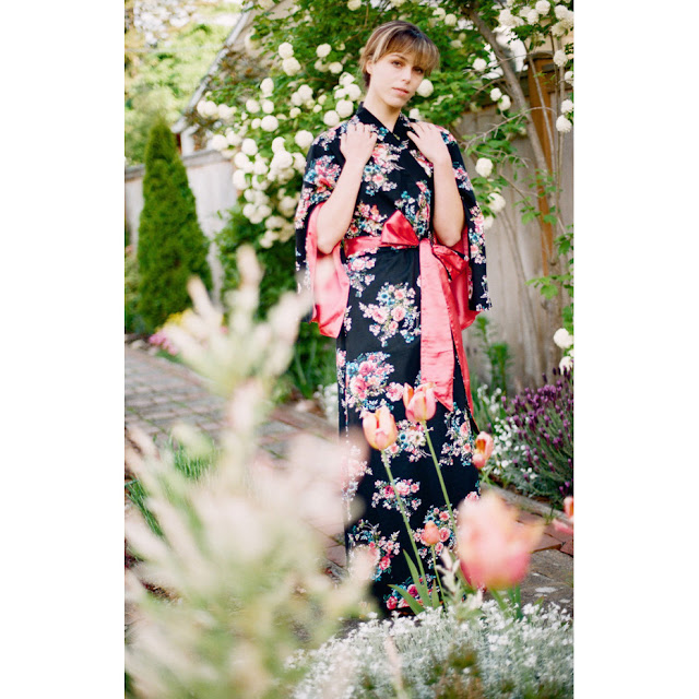 Made to measure robe in black and coral florals, custom robe for tall and curvy women