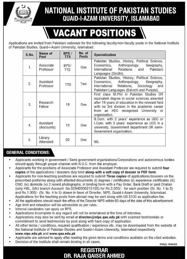 Quaid-i-Azam University Jobs 2022 National Institute of Pakistan Studies