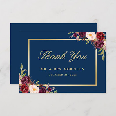  Burgundy Floral Gold Navy Blue Thank You Card