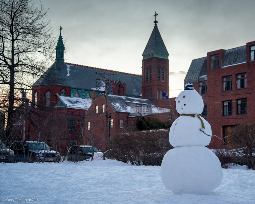 Portland, Maine USA February 2016 photo by Corey Templeton. A well-built snowman snowman in the West End of Portland.