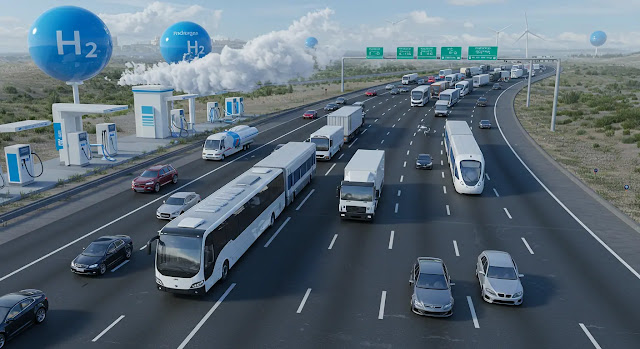 Revolución del transporte impulsado por hidrógeno: Una autopista futurista repleta de vehículos propulsados ​​por hidrógeno, incluyendo elegantes coches, camiones, autobuses e incluso trenes de alta velocidad, todos emitiendo únicamente vapor de agua. Al fondo, una estación de repostaje de hidrógeno en funcionamiento, muestra la transición hacia un futuro de energía limpia.