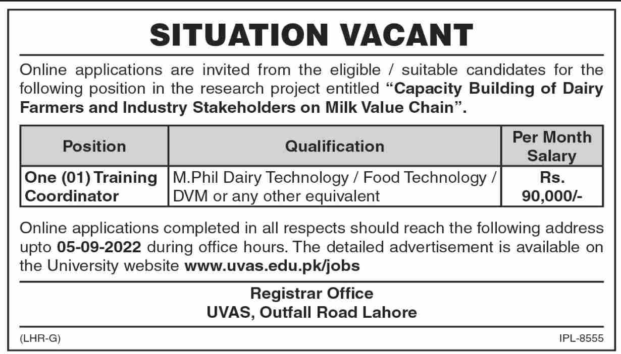 Latest University of Veterinary and Animal Sciences UVAS Education Posts Lahore 2022