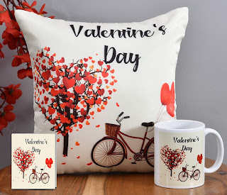 Valentine Day Gift for Husband Wife Boyfriend Girlfriend Him Her - Valentines Special Printed Cushion with Filler, Greeting Card, Coffee Mug