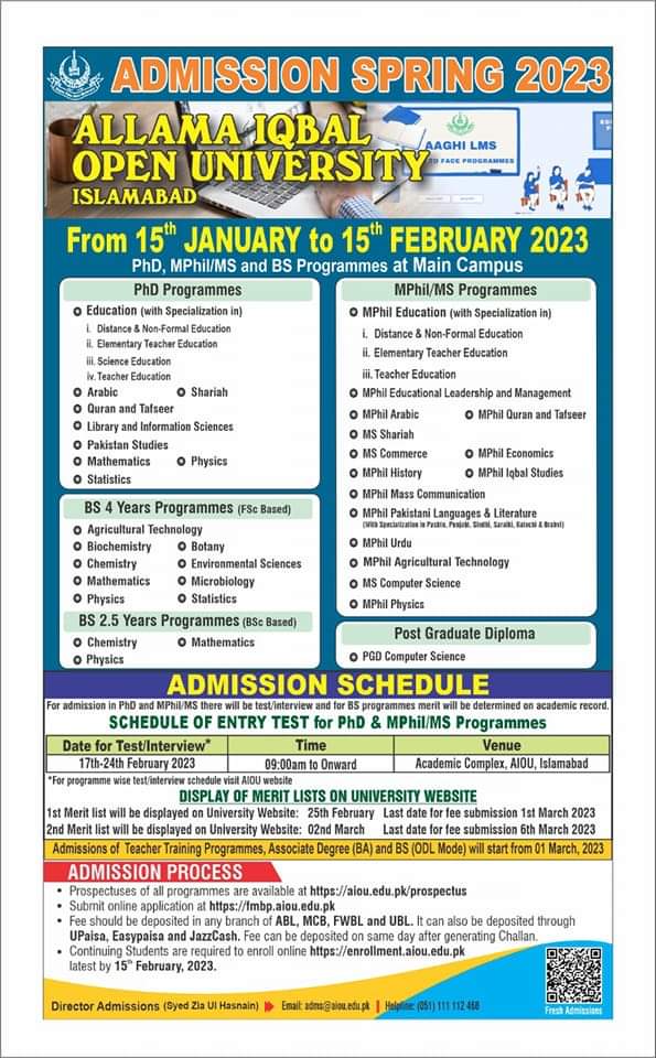aiou face to face admission