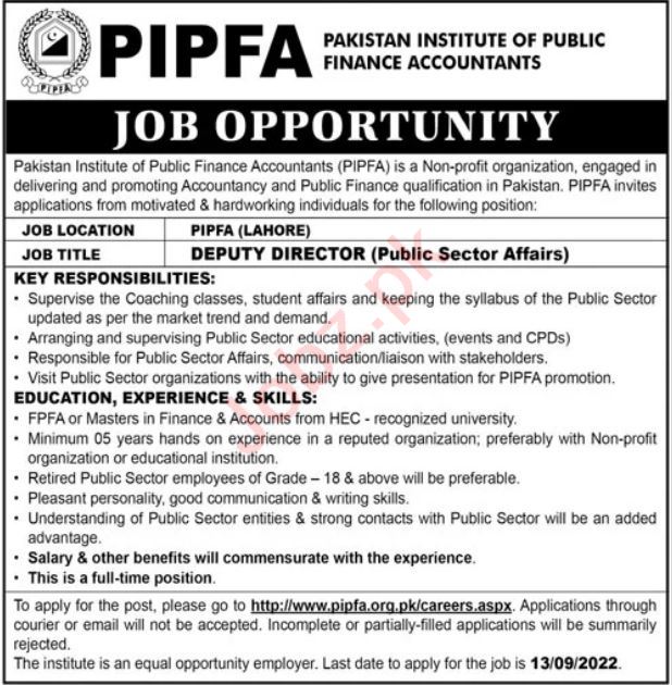 Latest Pakistan Institute of Public Finance Accountants PIPFA Management Posts Lahore 2022