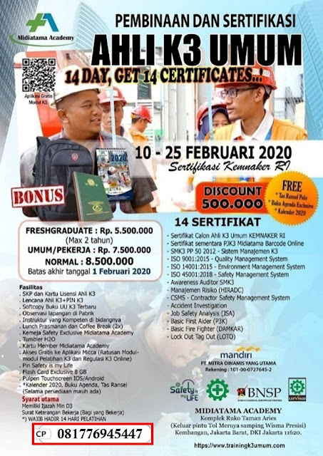 Ahli K3 Umum tgl. 10-25 Februari 2020 di Jakarta