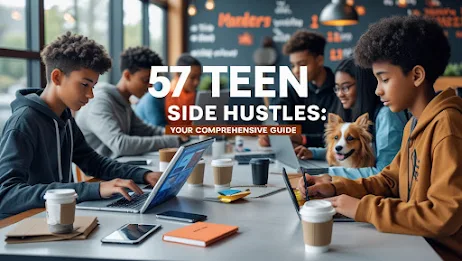 An elegant visual display of 57 teen side hustles, adorned with chic graphics and a modern layout for easy reading.
