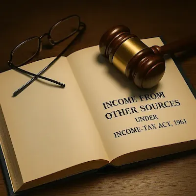 A high-resolution photo-realistic scene with an open statutory law book titled ‘Income from Other Sources under Income-tax Act, 1961,’ a wooden gavel resting on it, and a pair of reading glasses beside. The background should be a dark wood desk; lighting warm and focused on the book, evoking authority and legal formality.