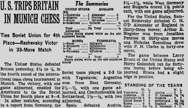 U.S. Trips Britain In Munich Chess; Ties Soviet Union for 4th Place—Reshevsky Victor in 33-Move Match