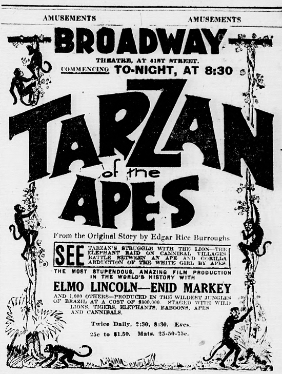 Tarzan of the Apes newspaper ad January 27, 1918