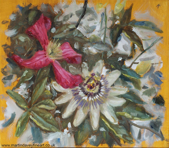 oil sketch of two clematis flowers