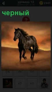 В свете заката бежит черный и красивый конь , стуча своими копытами по песку