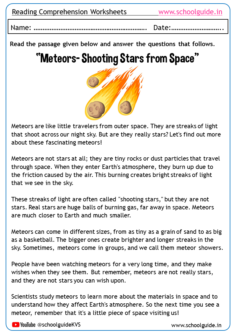 Free Reading Comprehension Worksheet on Solar System