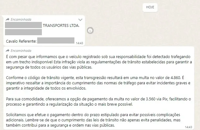 Printscreen de uma mensagem de Whatsapp de um golpista enviando falsa multa