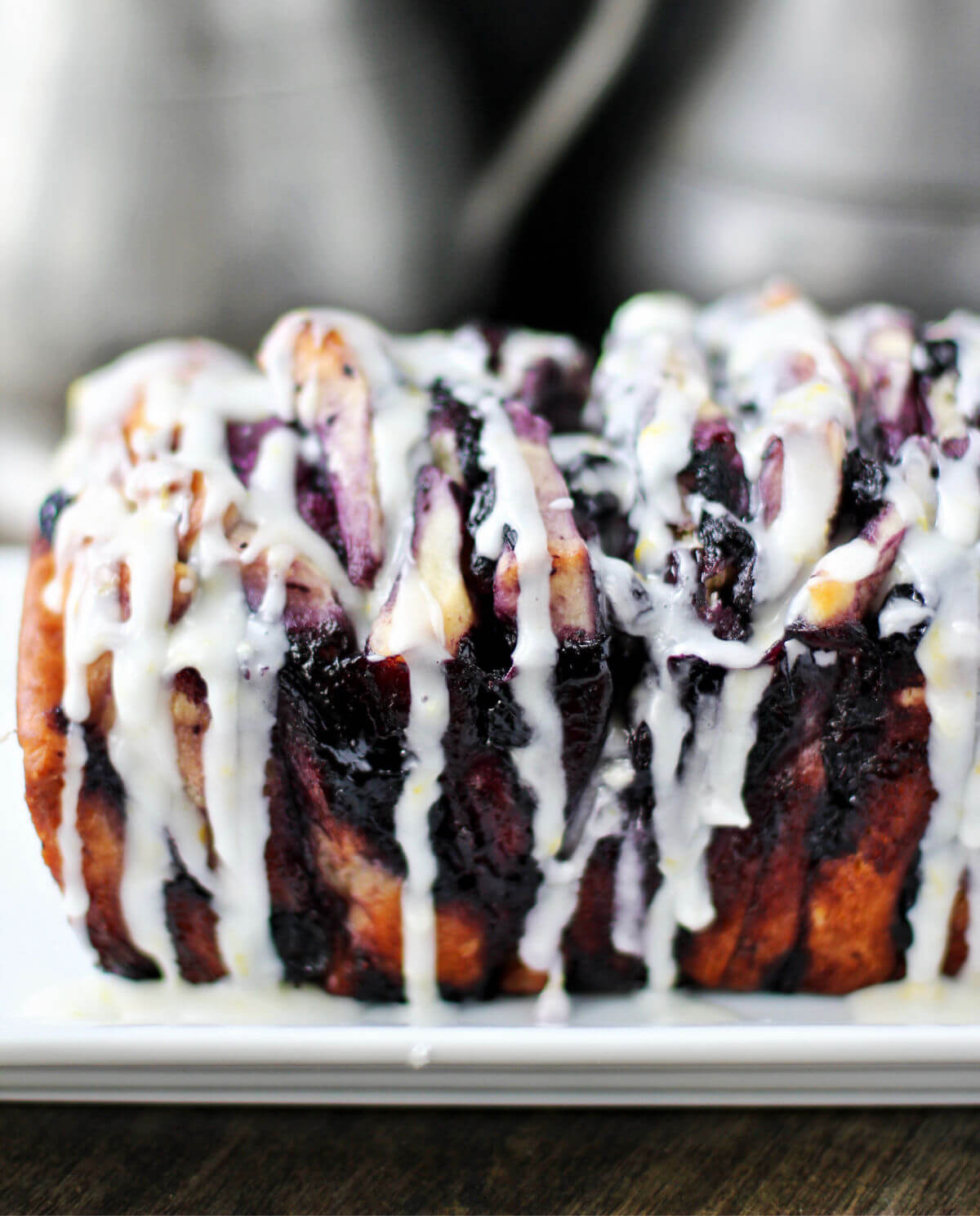 Roasted Blueberry Pull-Apart Loaf with glaze side view.